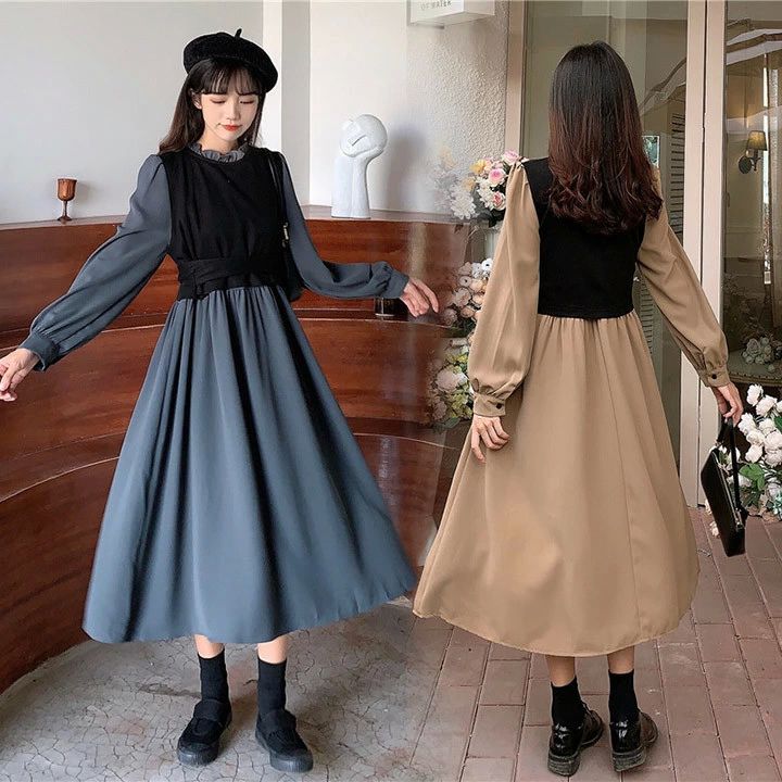 春秋 韓国 カジュアルワンピース 学生 偽二枚 長袖ワンピース ワンピース レトロ風 ロング丈 冬服 秋 春 レディース