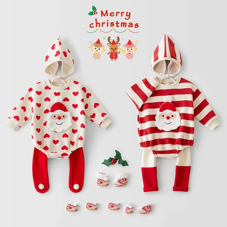 ベビー クリスマスプレゼント サンタクロース ロンパース フード付き サンタ帽子 ベビー服 ストライプ おもしろ ロ 長袖